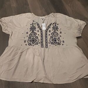 Maurices Beige and Navy Embroidered Blouse